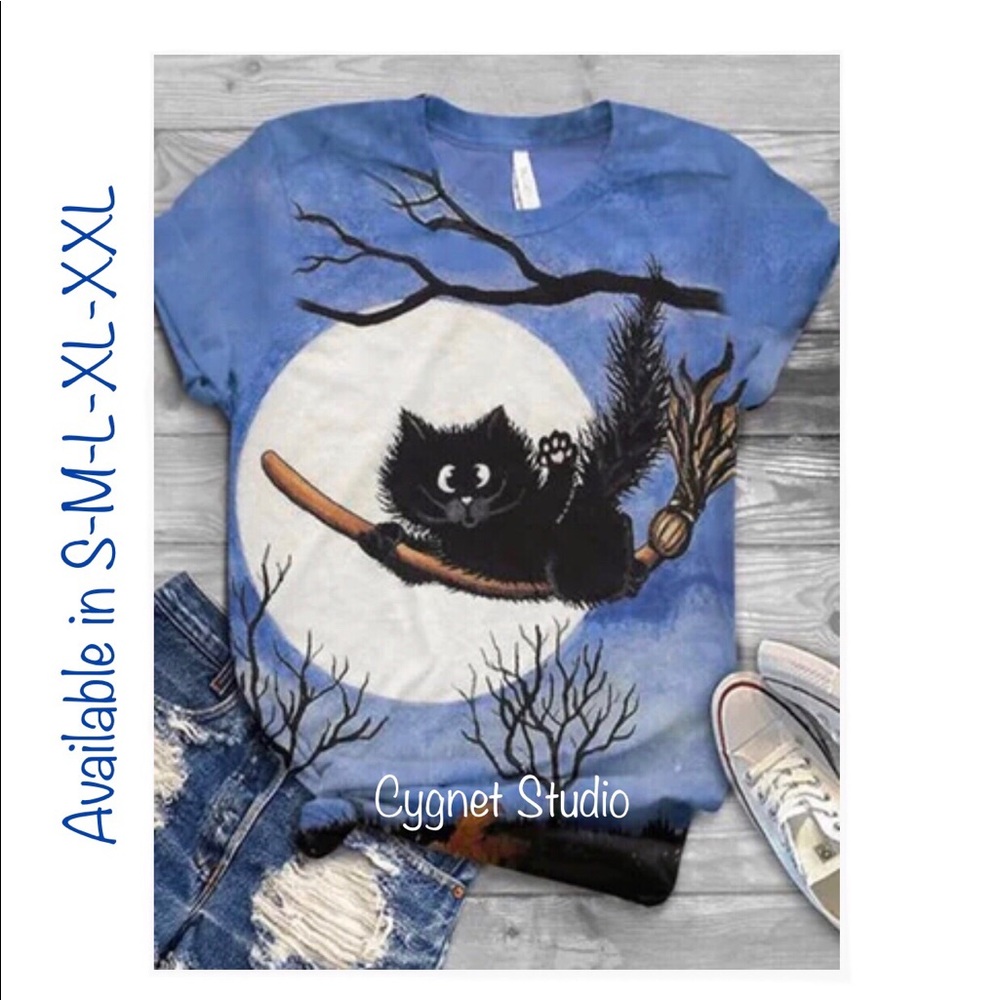 ๐ซSOLDโผ๏ธ Black Cat Riding Witches Broom under a full Moon Blue T-Shirt/Top - Lg - Picture 2 of 2